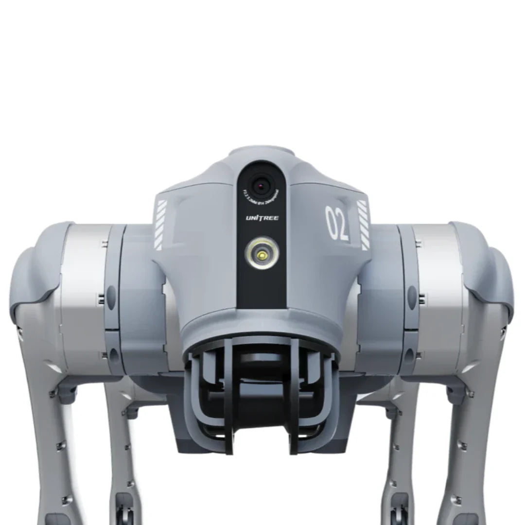 Sivi četveronožni robot Unitree Go2 Air Pro prednji pogled s kamerom i svjetlom