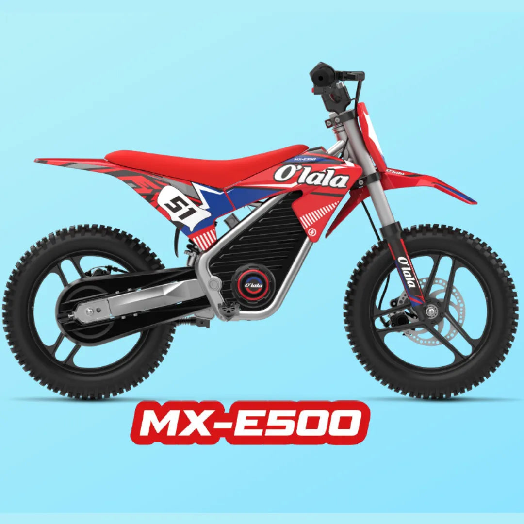 Dječji električni motocikl O'lala MX-E500 crveno-plavi bočni pogled