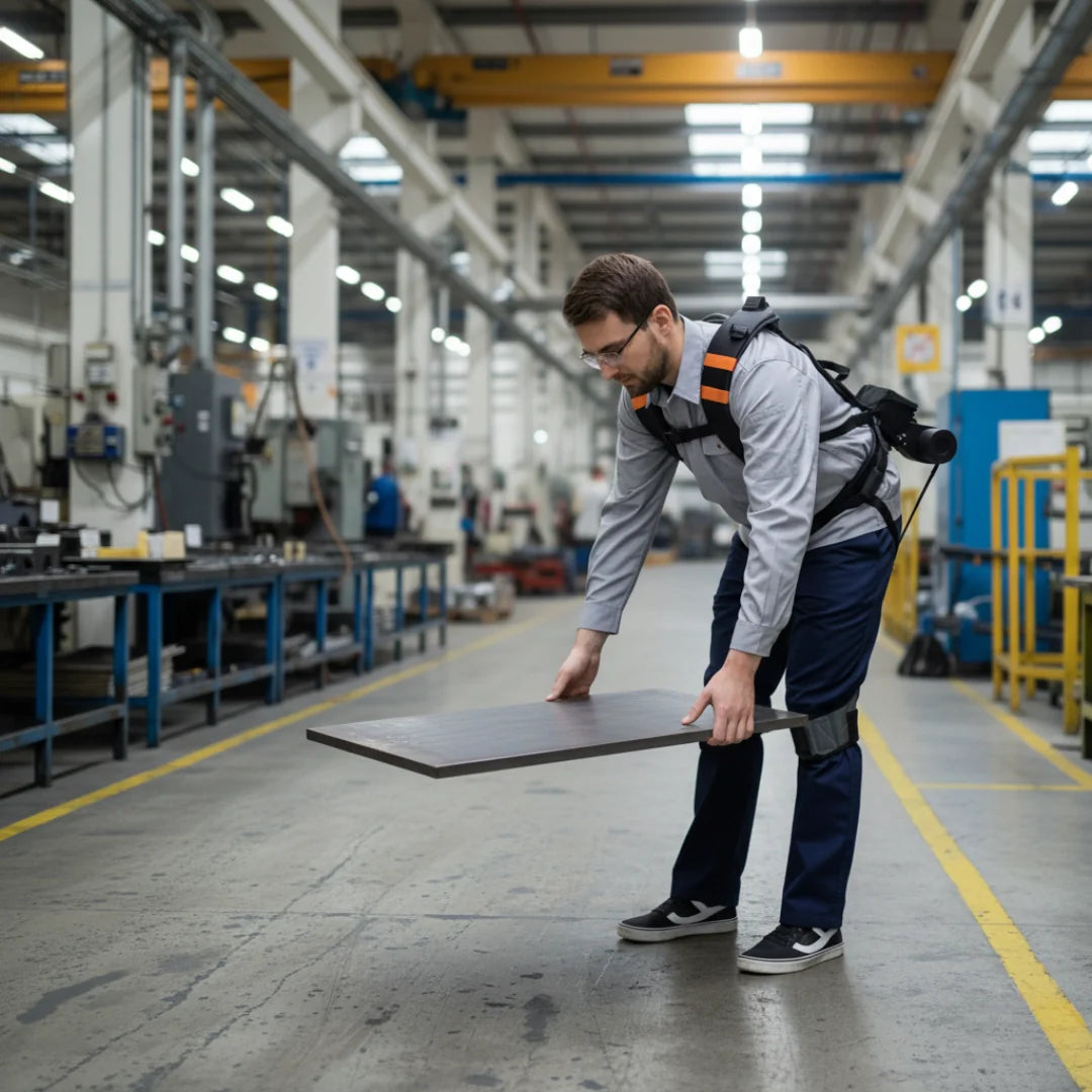 Radnik nosi industrijski egzoskelet VIGX Q20 dok podiže tešku ploču u tvorničkom pogonu