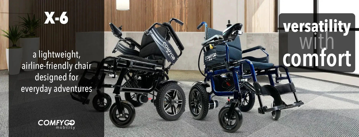 Električna invalidska kolica ComfyGo X-6 u crnoj i plavoj boji prikazana u interijeru