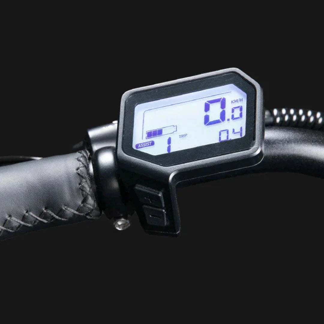 LCD zaslon električnog bicikla Jobobike Ace Pro na upravljaču s prikazom brzine i razine baterije