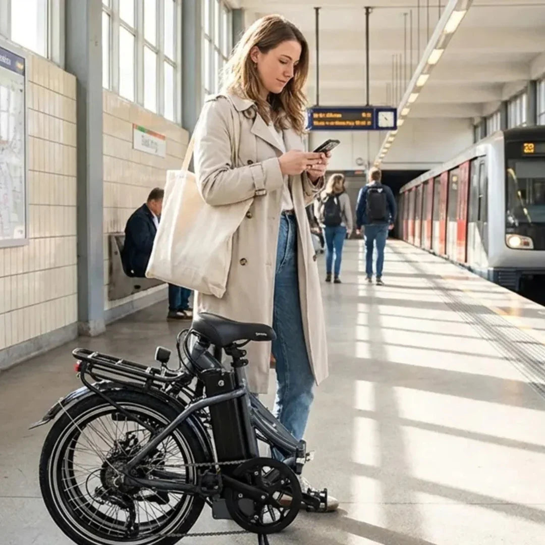 Sklopljen crni električni bicikl Jobobike Sam na stanici podzemne željeznice