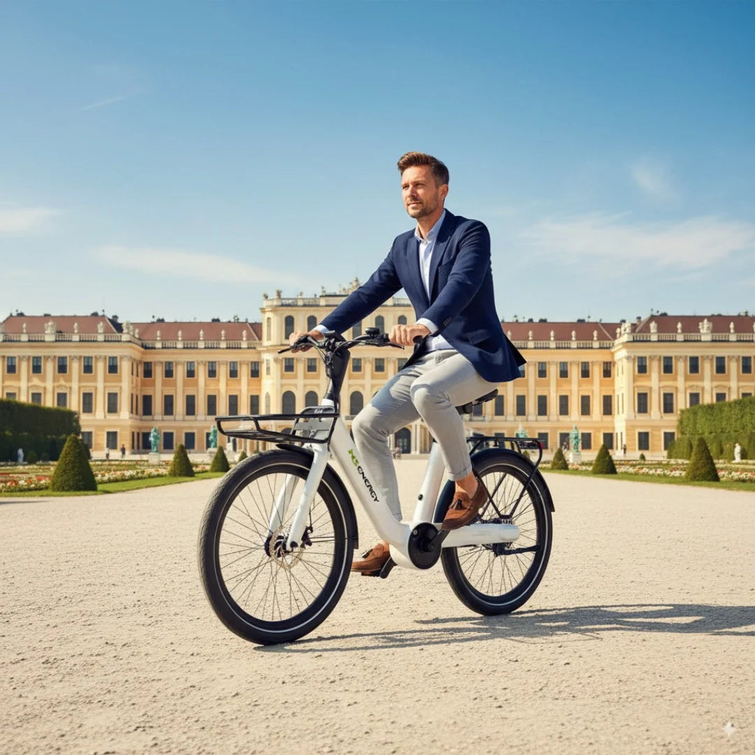 Muškarac vozi bijeli električni bicikl MS Energy Cityzen C102 ispred dvorca