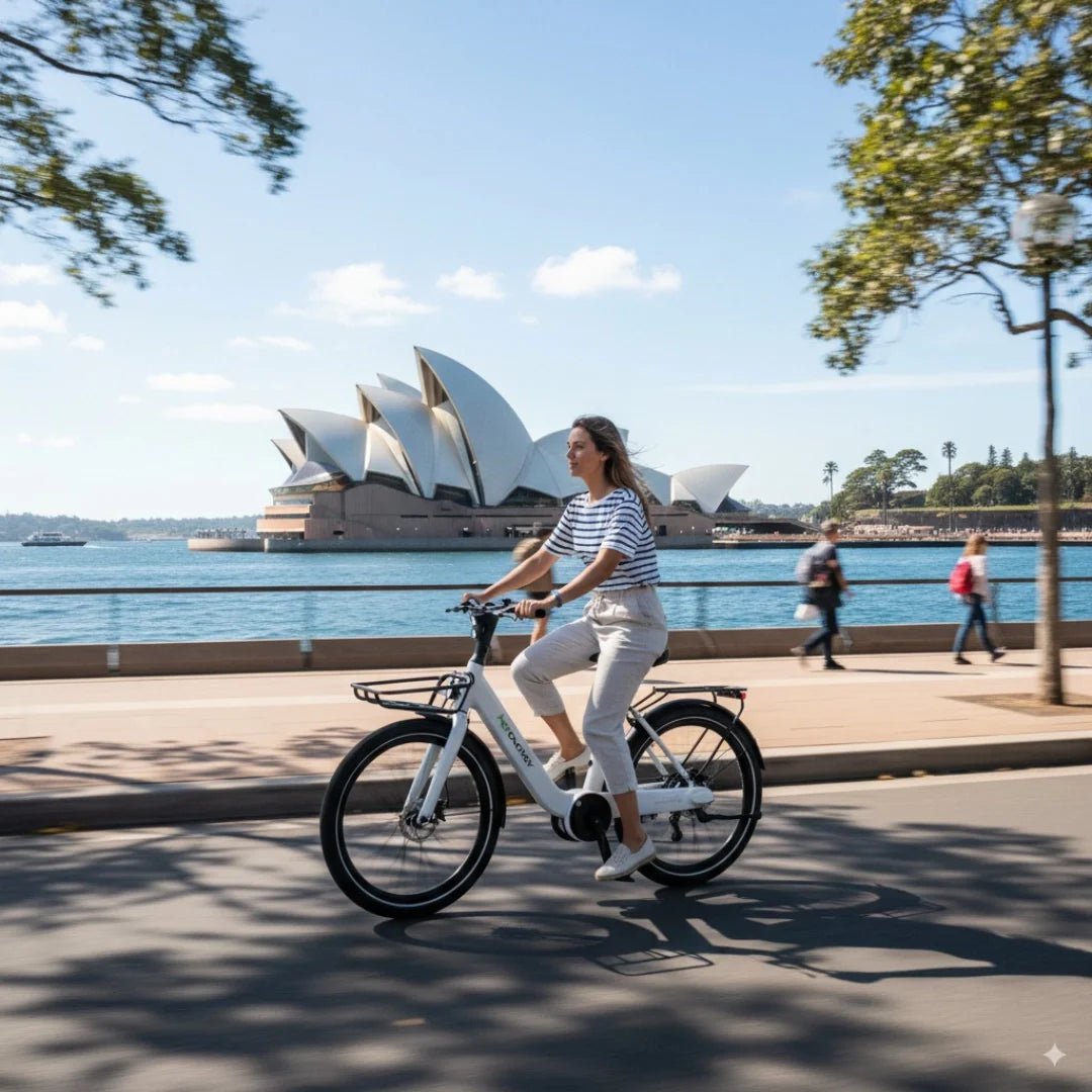 Žena vozi bijeli električni bicikl MS Energy Cityzen C102 uz obalu ispred Sydney Opere