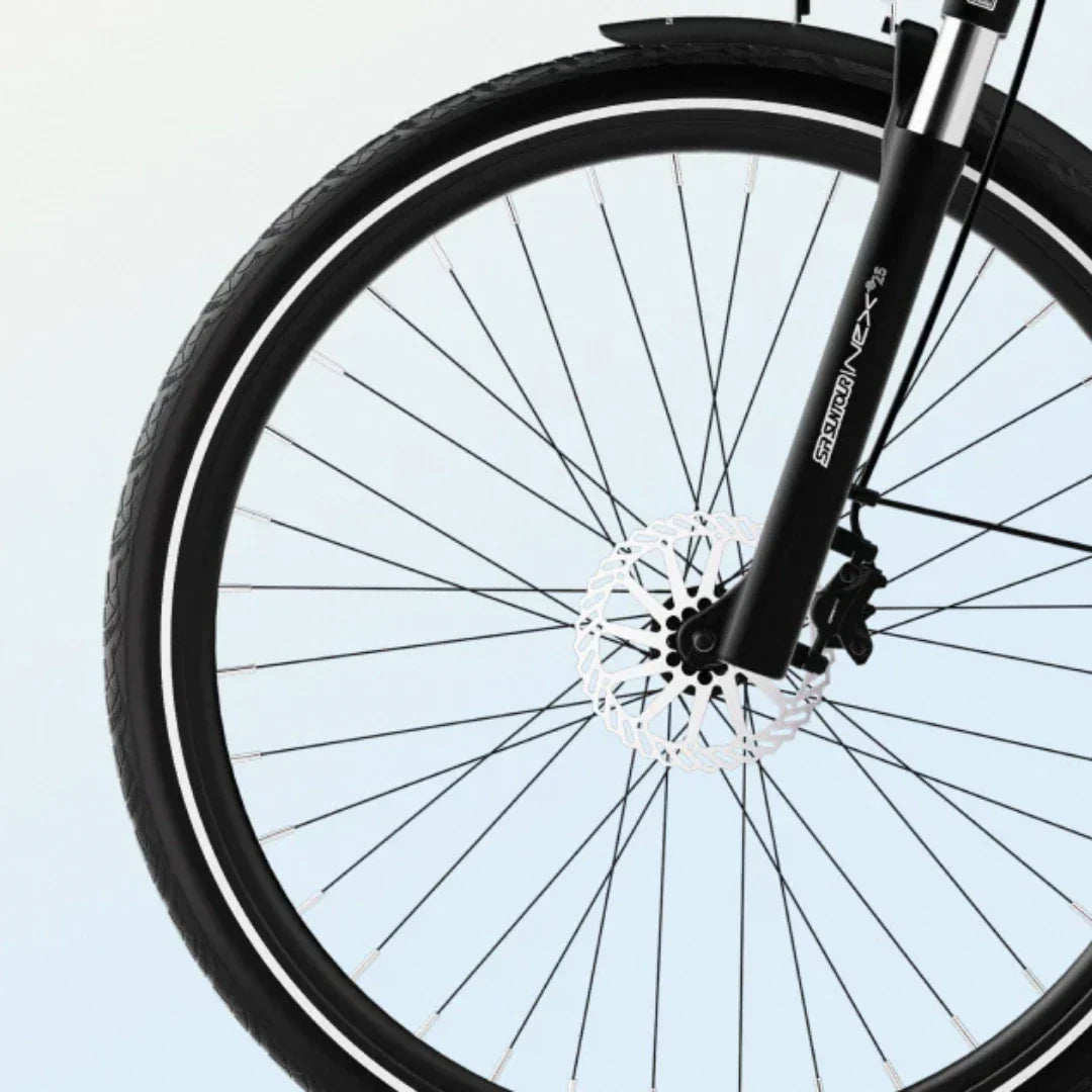 Prednji kotač električnog bicikla Tenways CGO800S s vilicom SR Suntour NEX i diskom kočnice