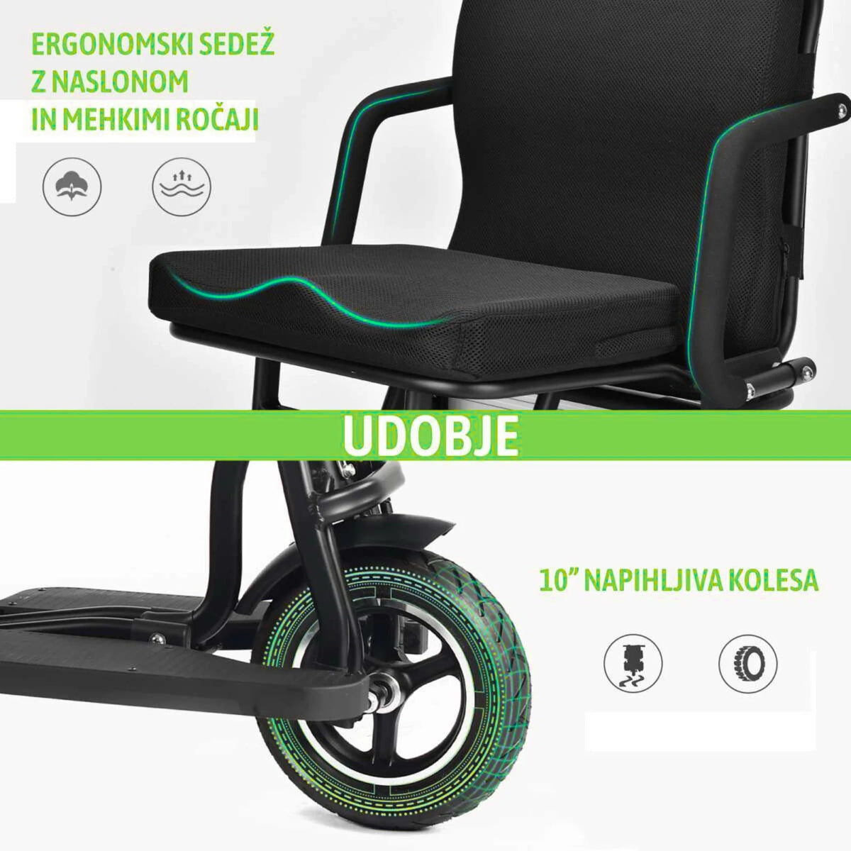 Ergonomsko sjedalo i kotač od 10 inča za električni mobilni kolica Panter 10 crne boje