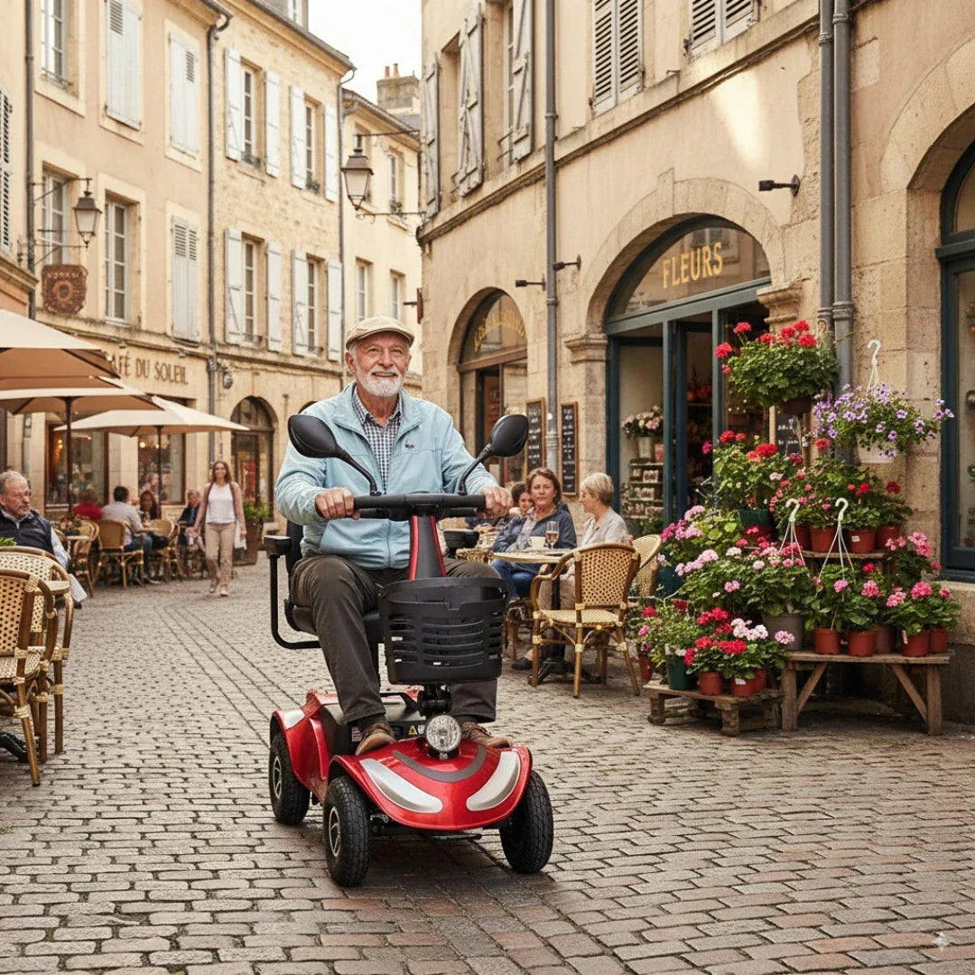 Stariji gospodin vozi crveni električni skuter za starije osobe Eco Speed Senior ulicom uz cvijeće