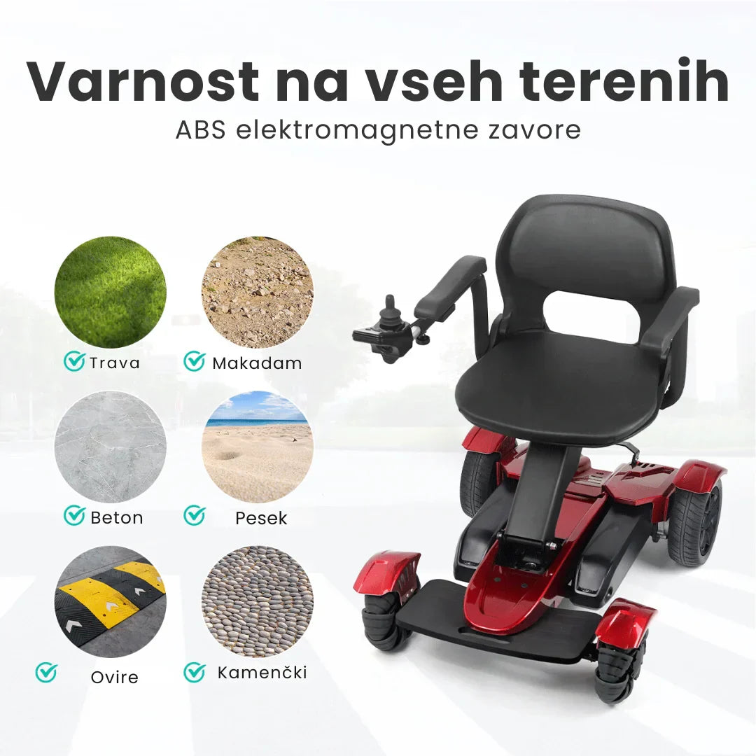 Električni invalidski skuter Mijo MD08 crvene boje s prikazom terena i ABS elektromagnetskim