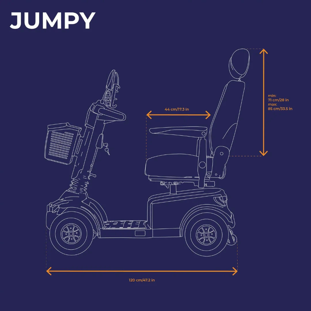 Tehnički crtež električnog invalidskog skutera Veleco Jumpy s prikazanim dimenzijama sjedala i