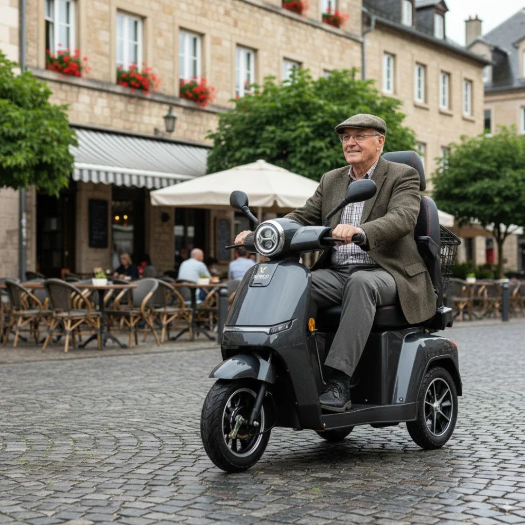 Stariji gospodin vozi sivi električni skuter za starije osobe Veleco Turris na tri kotača u gradu