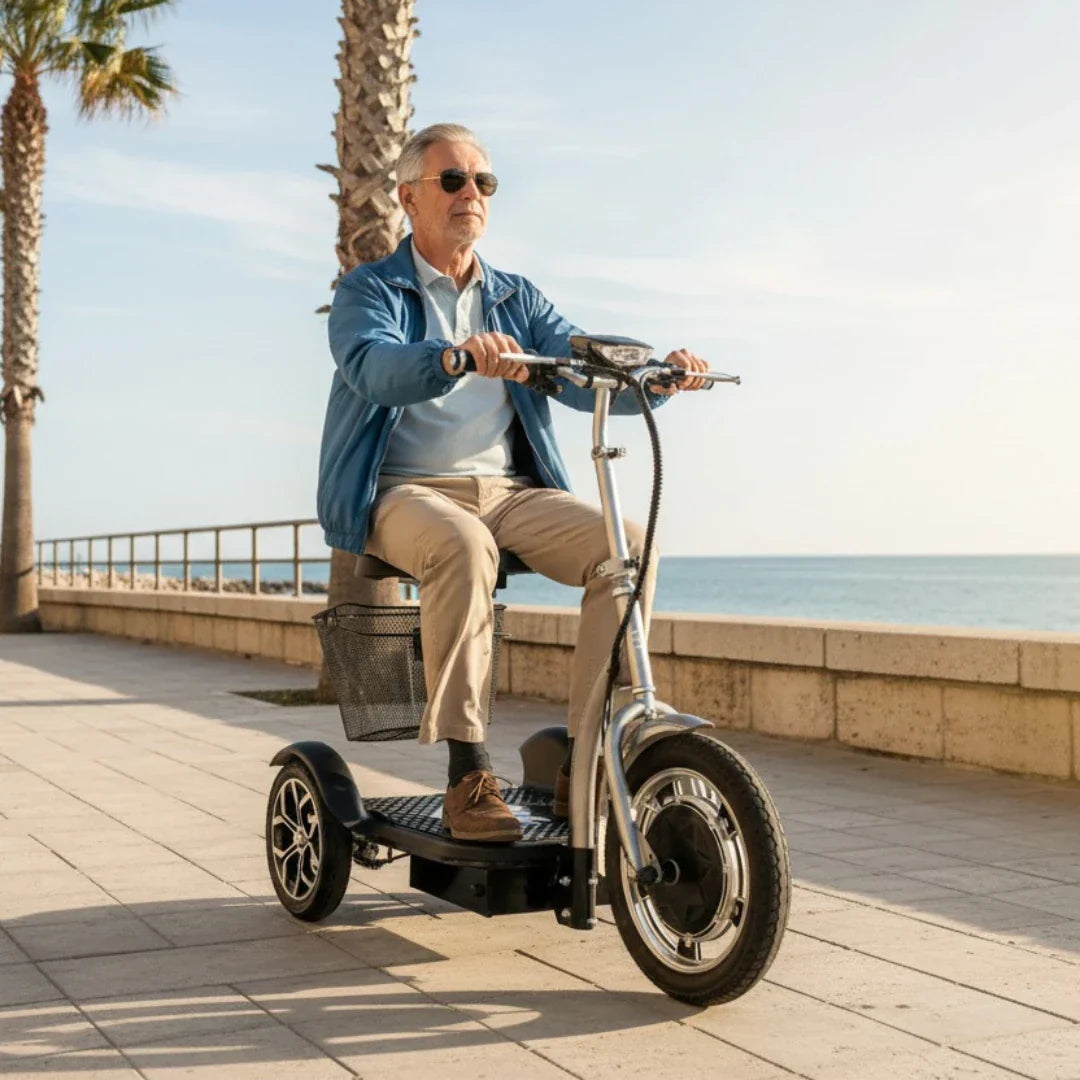 Stariji muškarac vozi srebrni električni skuter za starije osobe Veleco ZT16 na šetnici uz more