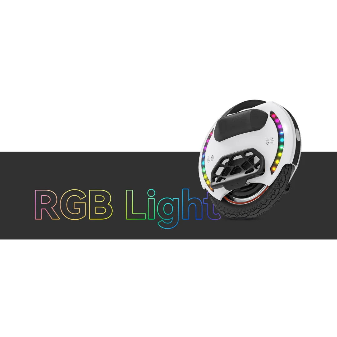 Električni monocikl Kingsong 14D bijele boje s bočnim RGB LED osvjetljenjem prikazan iz profila