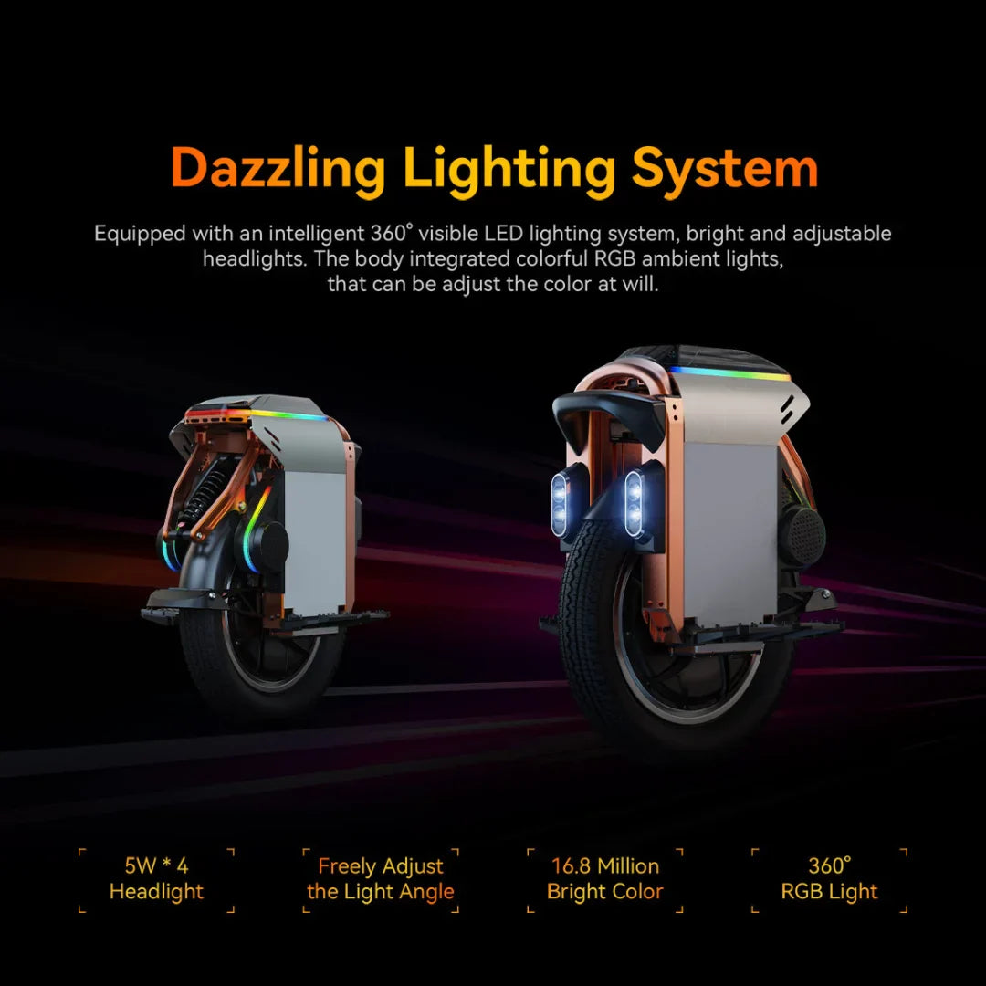Električni monocikl KingSong S16 Pro s LED rasvjetom i RGB ambijentalnim svjetlima u boji