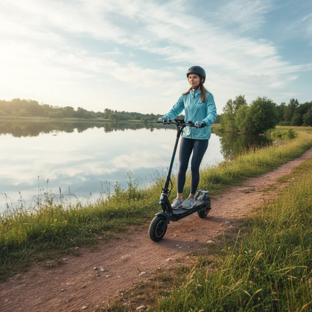 Djevojka vozi crni električni romobil Dualtron Thunder 2 uz jezero u prirodi