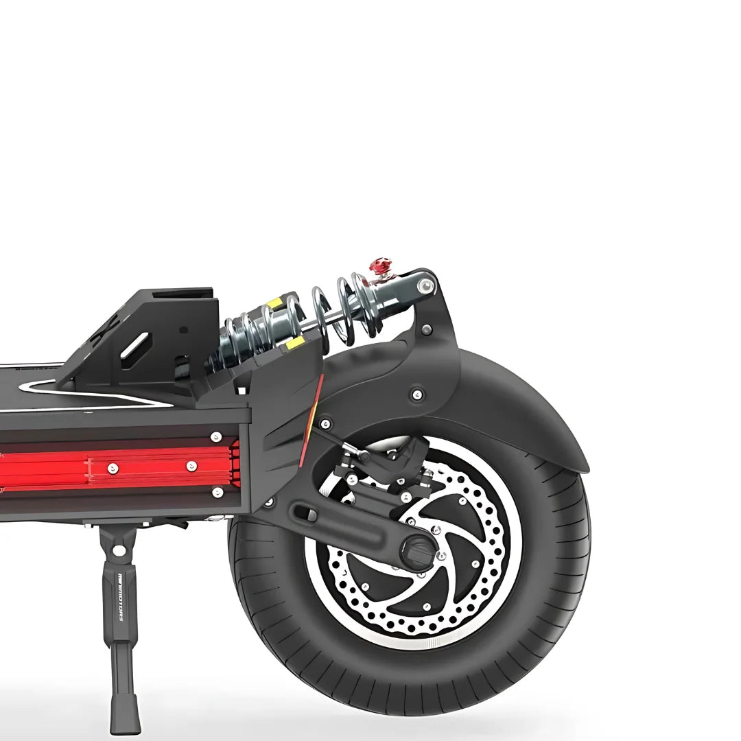 Bočni pogled na stražnji ovjes i disk kočnicu električnog romobila Dualtron X Limited