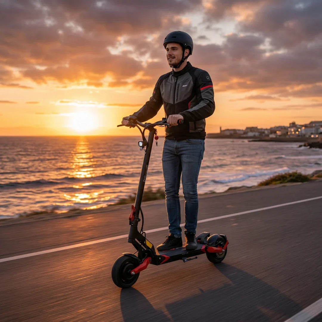 Muškarac s kacigom vozi crni električni romobil Eco Speed 9x uz more tijekom zalaska sunca