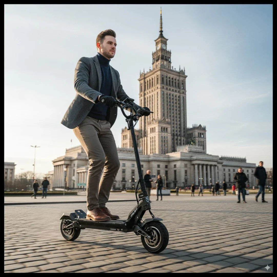 Muškarac vozi crni električni romobil Hiley Tiger 10 GTR na gradskom trgu, bočni pogled