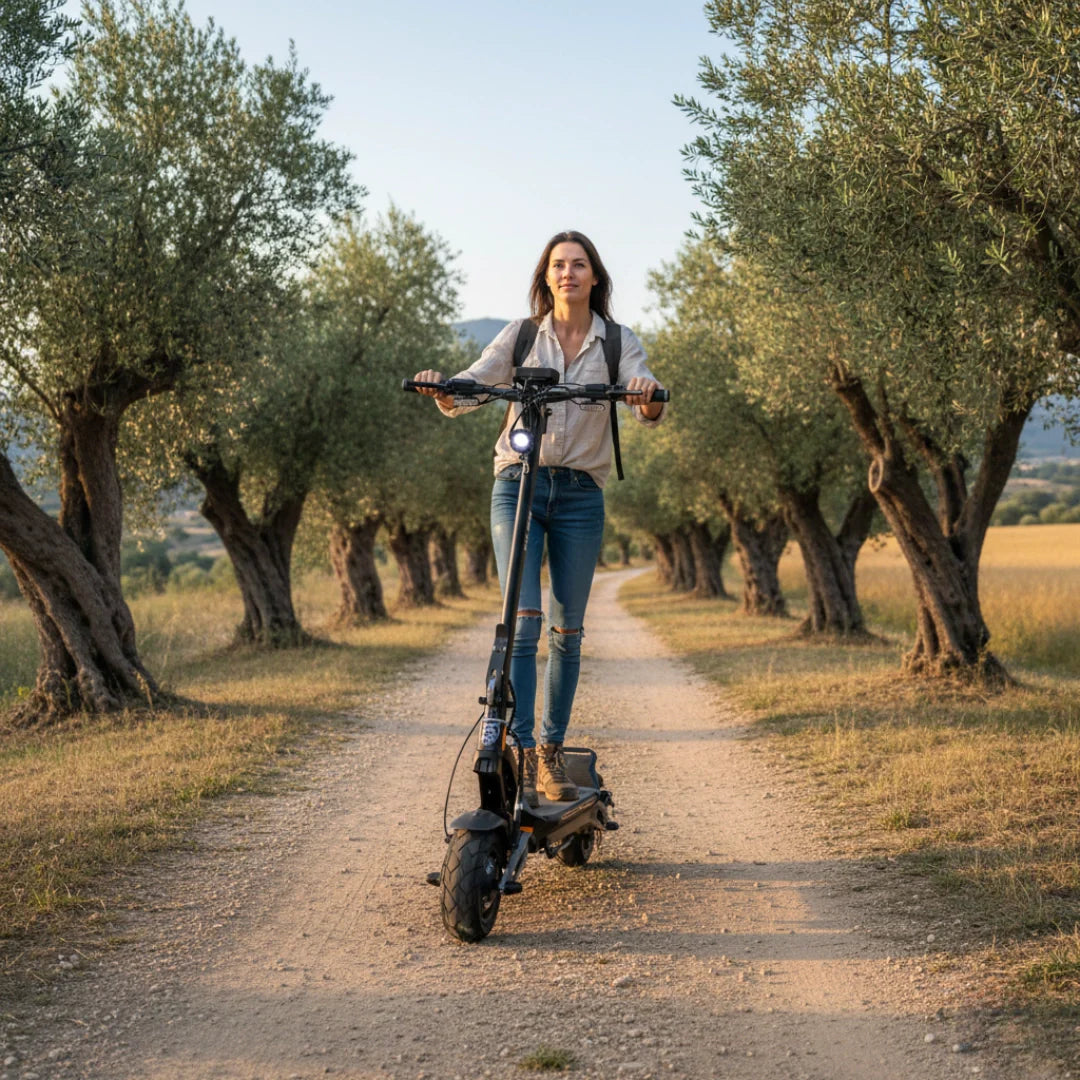 Žena vozi crni električni romobil Hiley Tiger 10 V5 makadamskom cestom kroz maslinik