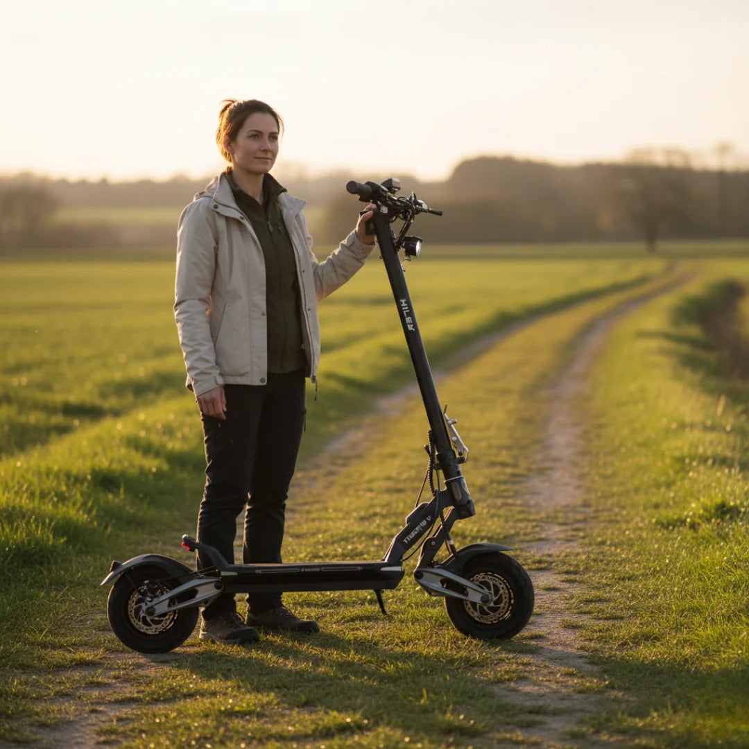 Žena stoji pokraj crnog električnog romobila Hiley Tiger 10 V5 na poljskom putu pri zalasku sunca