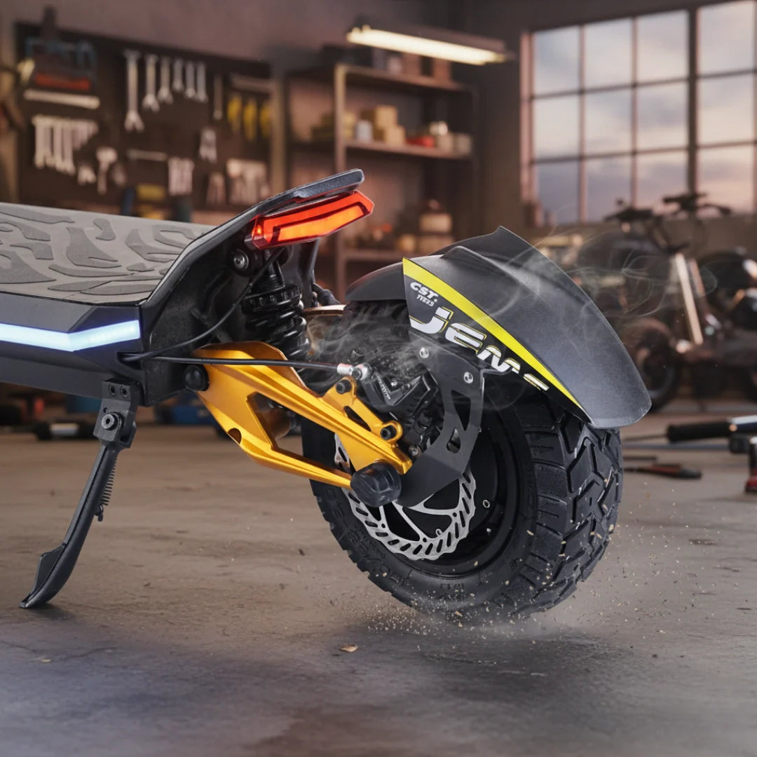 Stražnji kotač i zlatni ovjes električnog romobila Hiley Tiger King RS s detaljem kočnice