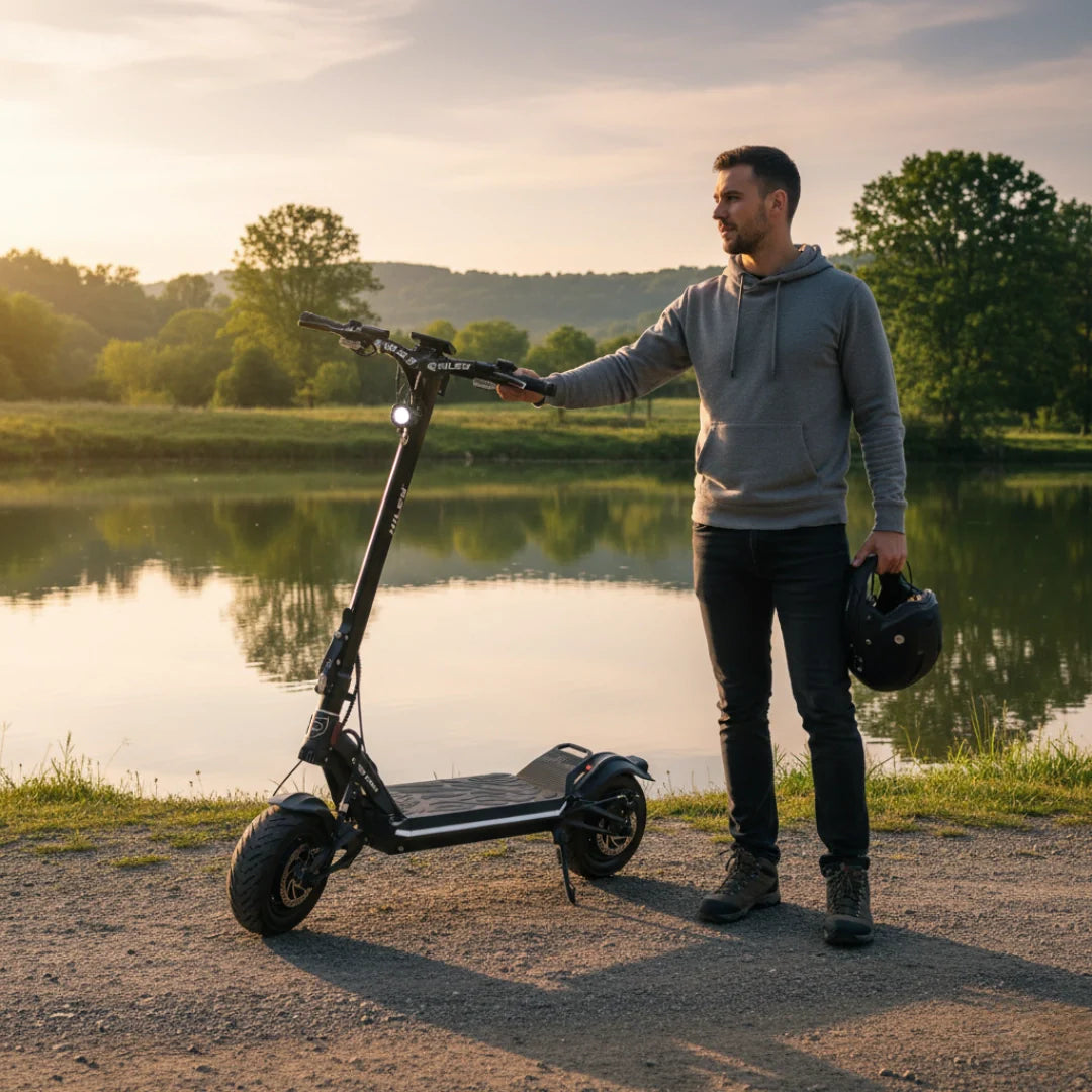 Muškarac stoji pored crnog električnog romobila Hiley Tiger Supra uz jezero u prirodi
