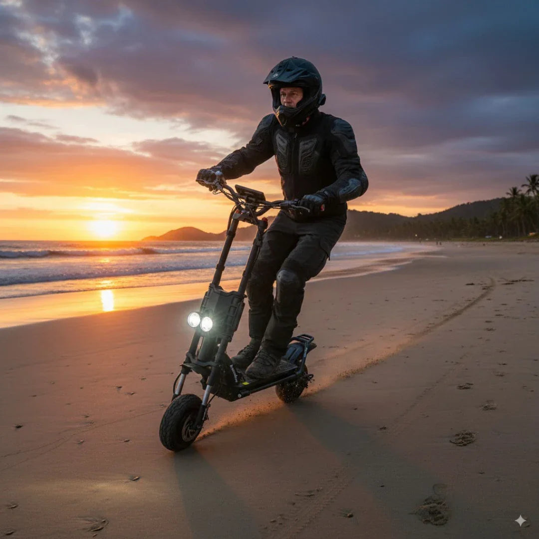 Vozač na električnom romobilu Kaabo Wolf King GTR vozi po pješčanoj plaži tijekom zalaska sunca