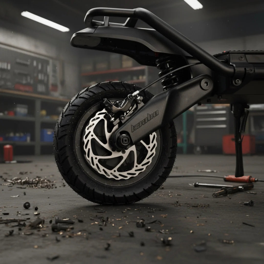 Krupan plan stražnjeg kotača i disk kočnice električnog romobila Kaabo Wolf King GTR Max u radionici