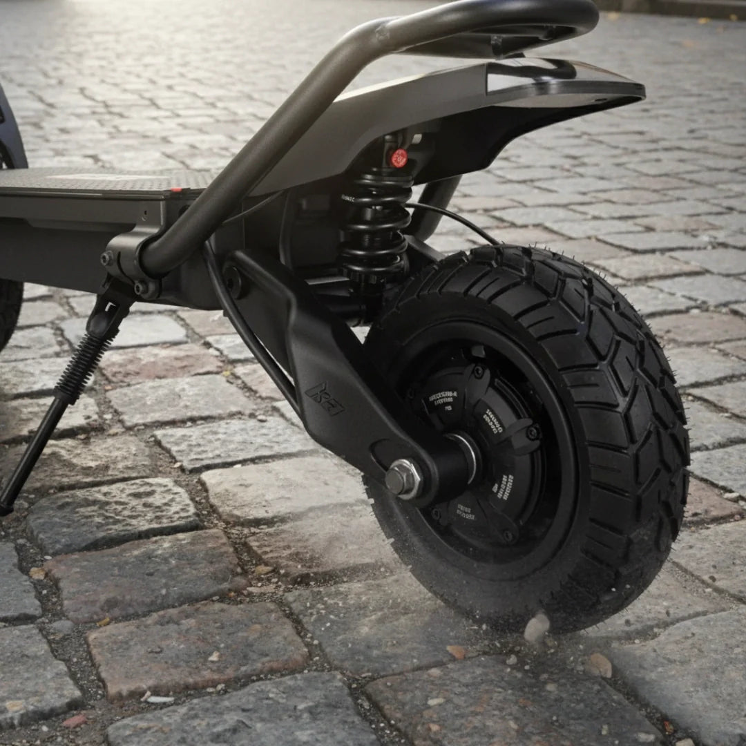 Detalj stražnjeg kotača i amortizera crnog električnog romobila Kaabo Wolf King GTR Max