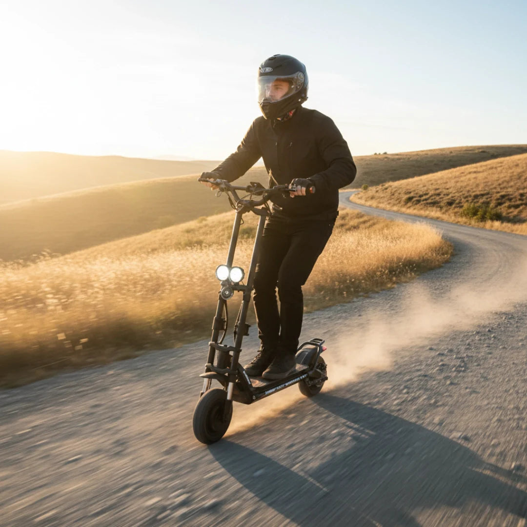 Vožnja crnog električnog romobila Kaabo Wolf Warrior X GT makadamskom cestom u prirodi