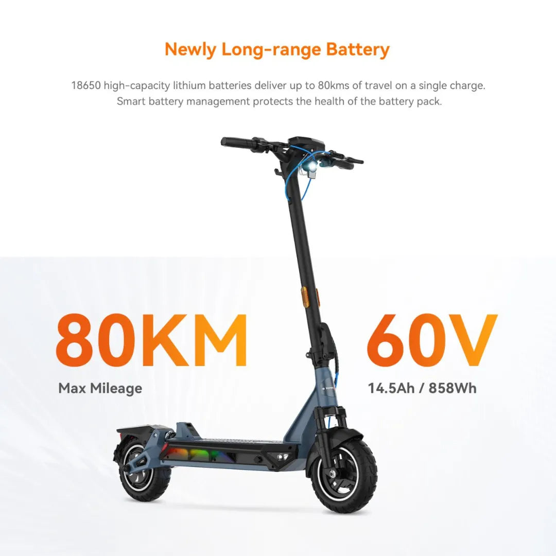Električni romobil KingSong N12 Pro prikaz specifikacija baterije i dosega 80 km na bijeloj pozadini