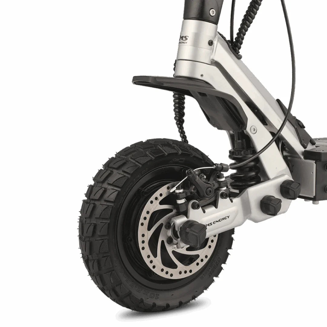Detalj prednjeg kotača s diskom i amortizerom električnog romobila MS Energy Thrust 300x srebrne