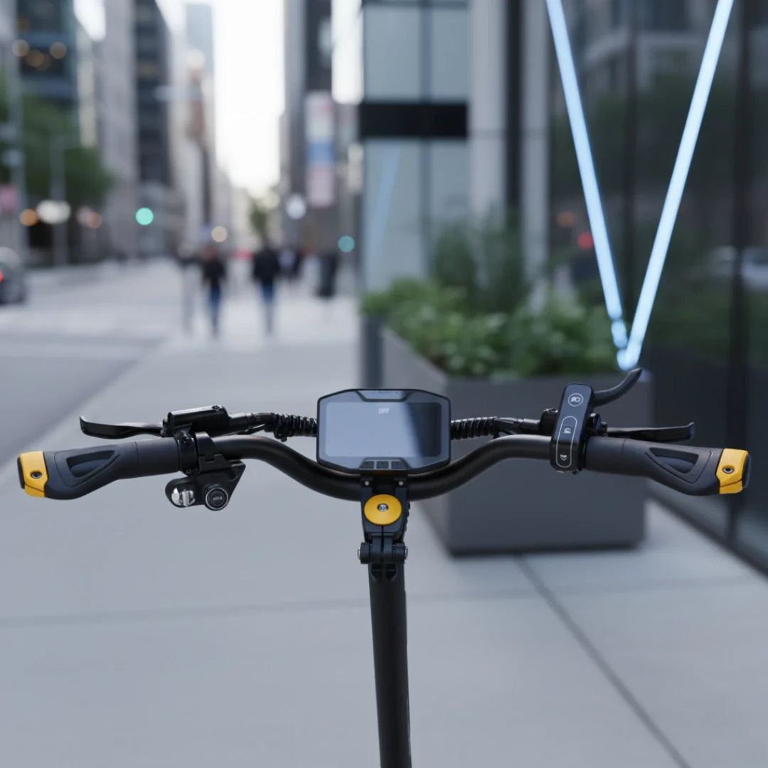 Upravljač električnog romobila Vsett 10 Light s digitalnim zaslonom i žutim detaljima na ručkama
