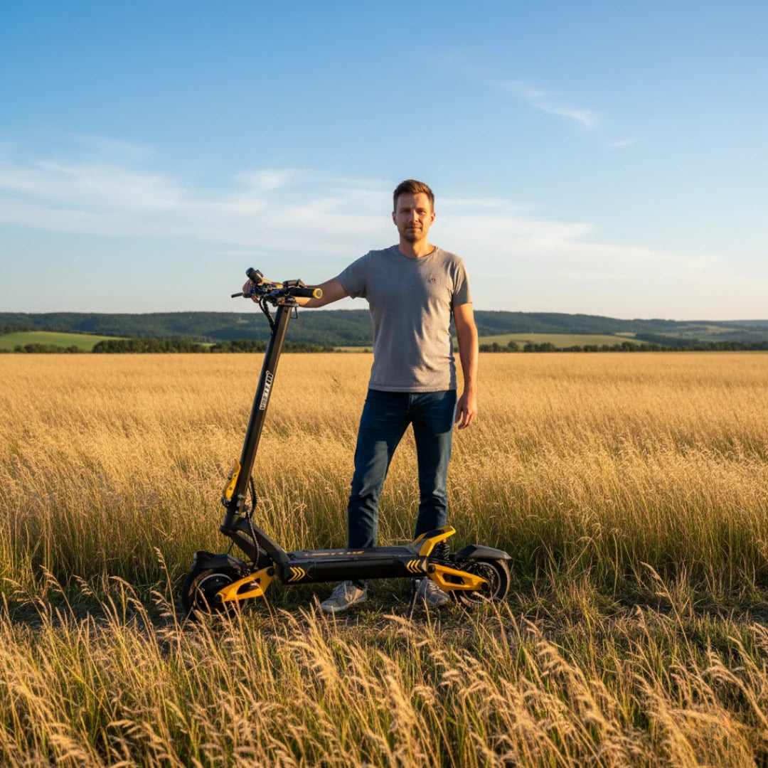 Muškarac pored crno-žutog električnog romobila Vsett 10+ Super u polju pri zalasku sunca