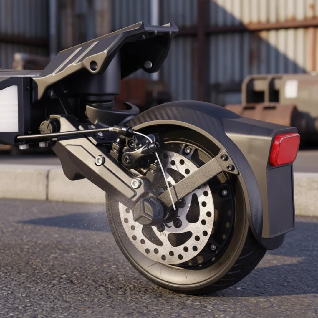 Detaljan prikaz stražnjeg kotača i disk kočnice električnog romobila Vsett 9 Apex crne boje