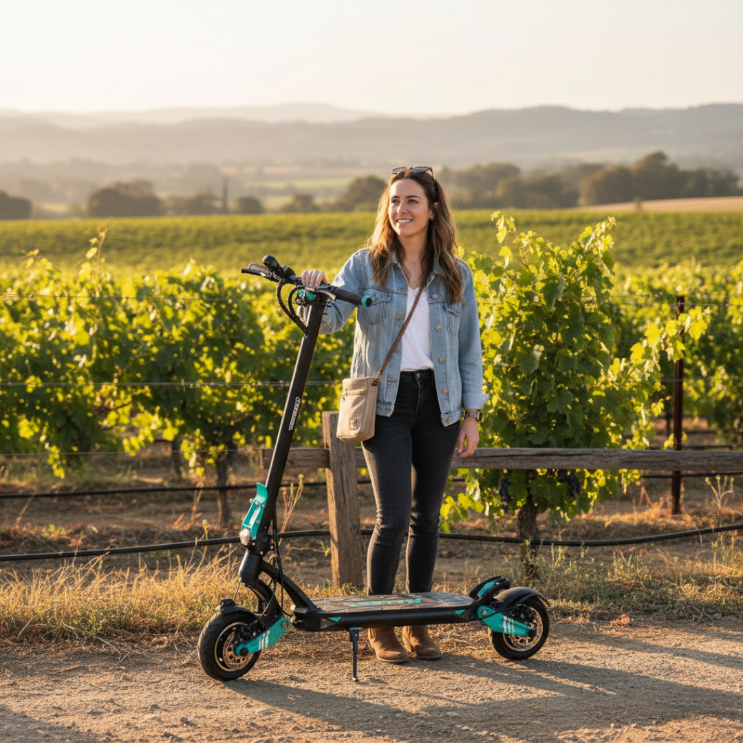 Žena stoji pokraj crno-tirkiznog električnog romobila Vsett 9 u vinogradu, bočni pogled