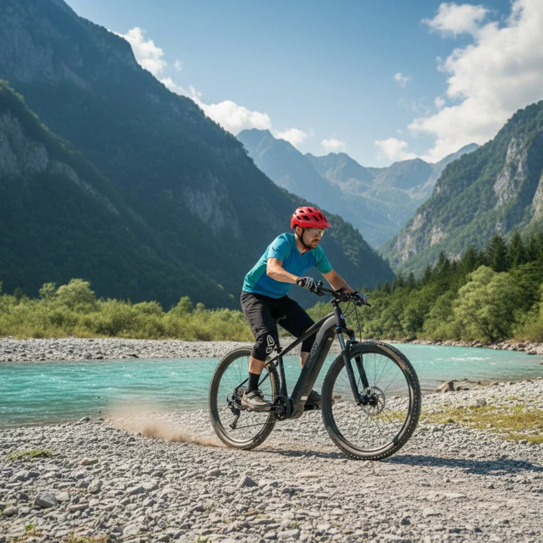 Vozač na crnom električnom brdskom biciklu Econo Gams MTB C5-1 uz rijeku i planine