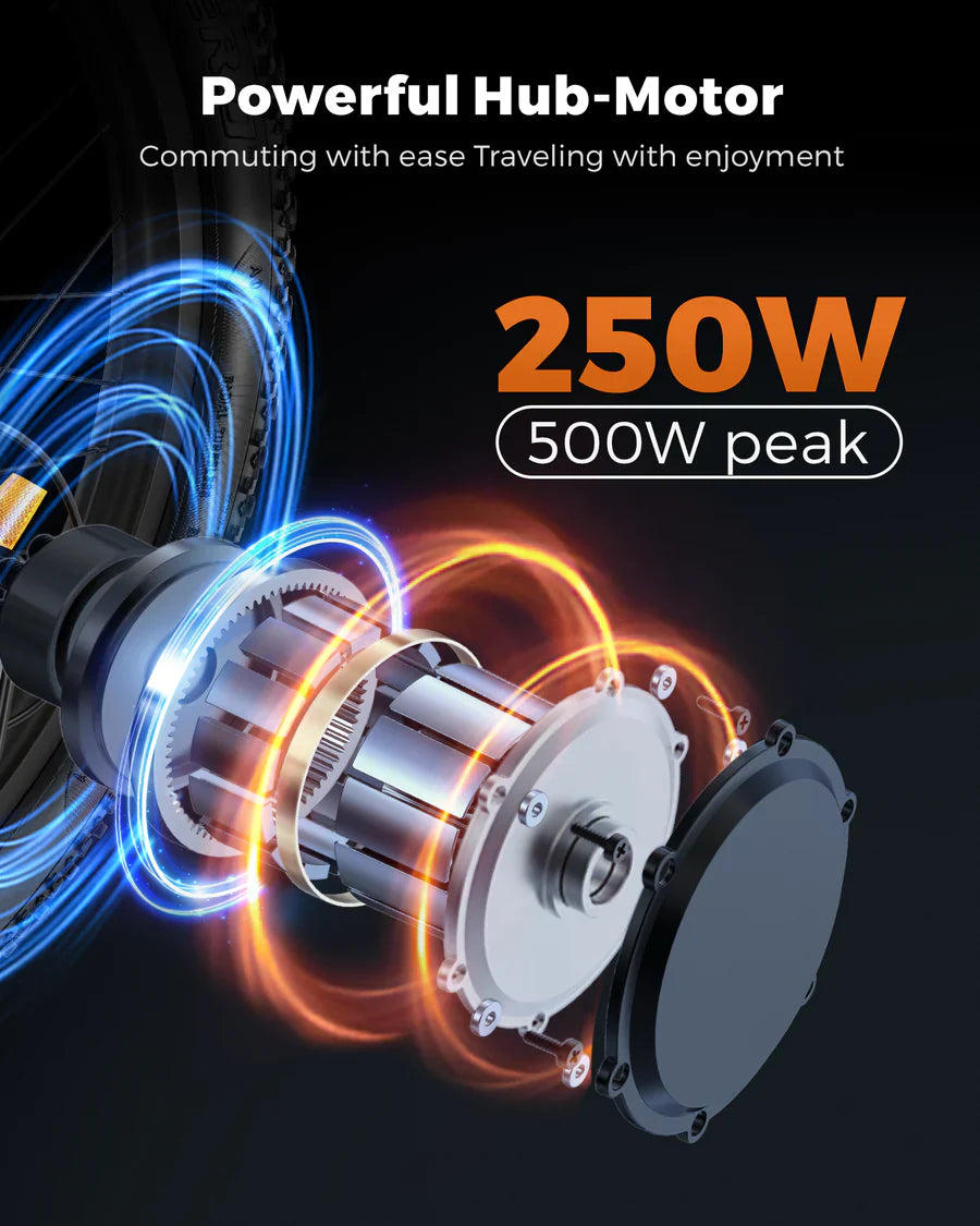 Snažan 250W hub motor električnog bicikla Engwe T14 s prikazom unutarnje strukture i snage
