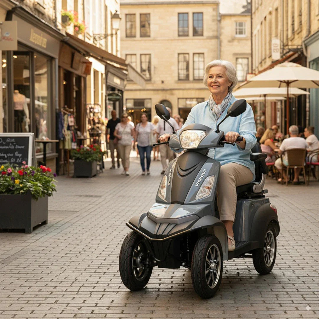Žena vozi sivi električni skuter Vigorous Vista Q1 četverokotač gradskom ulicom