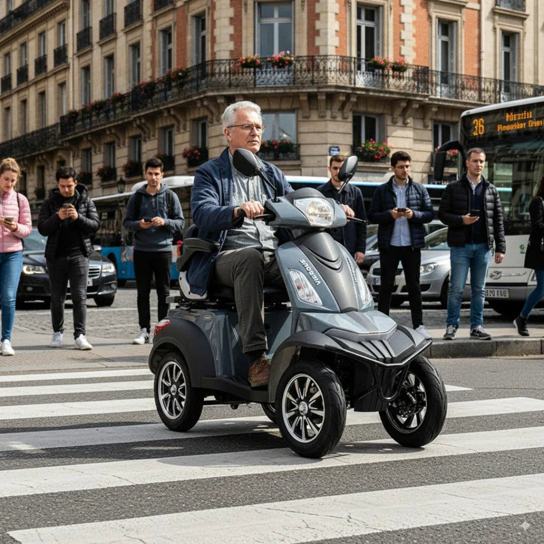 Sivi električni skuter za starije osobe Vigorous Vista Q1 na četiri kotača u vožnji gradskom ulicom