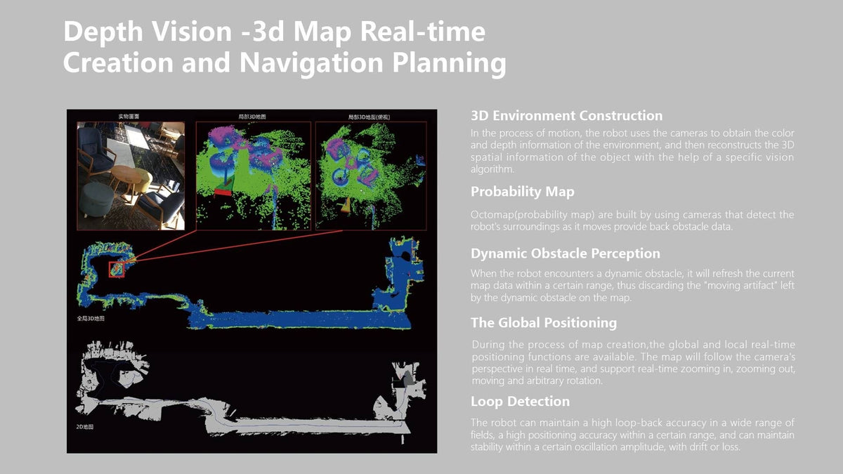 Prikaz 3D mapiranja i navigacije četveronožnog robota Unitree Aliengo s detaljima sustava vida