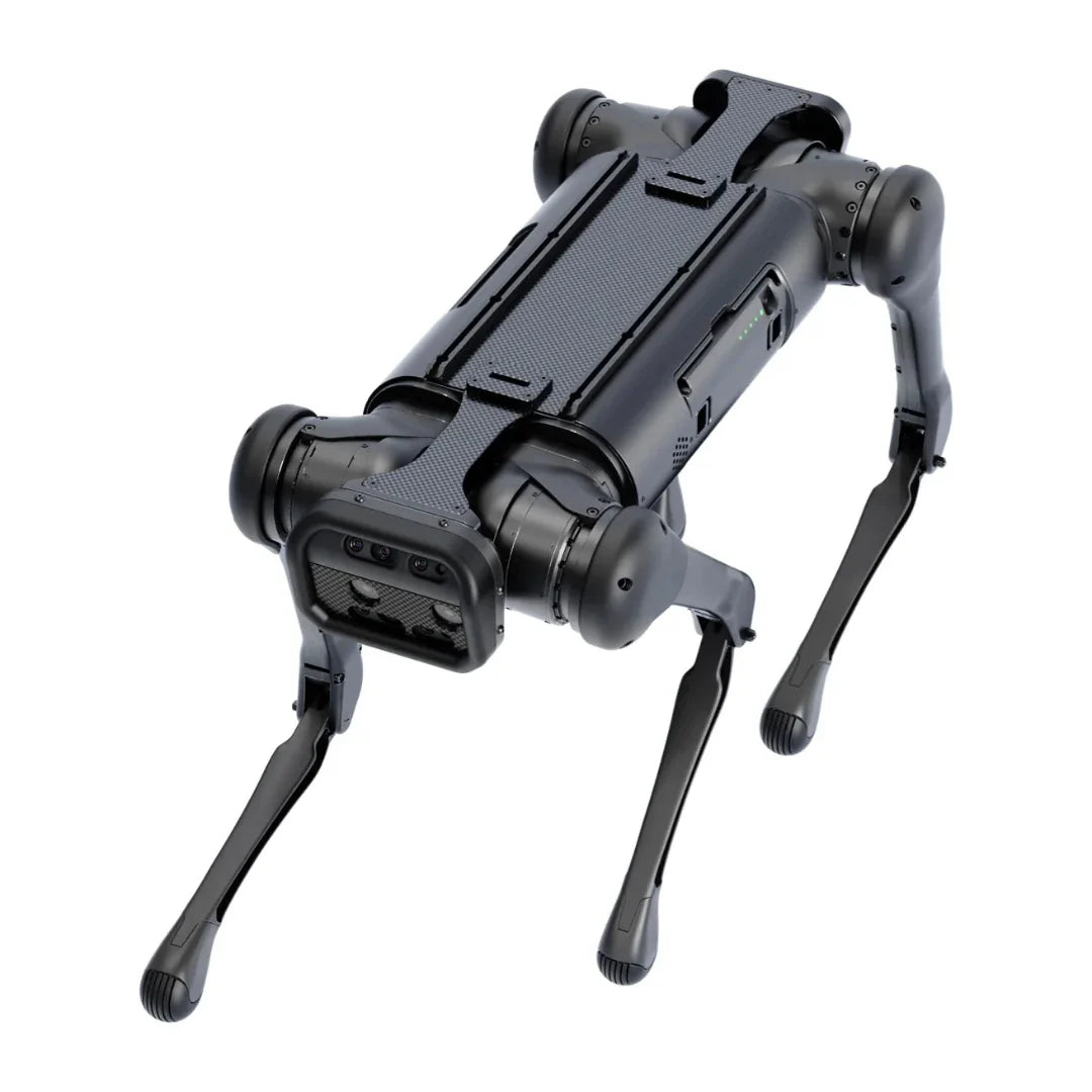 Crni četveronožni robot Unitree Aliengo s prikazom senzora i konstrukcije iz ptičje perspektive