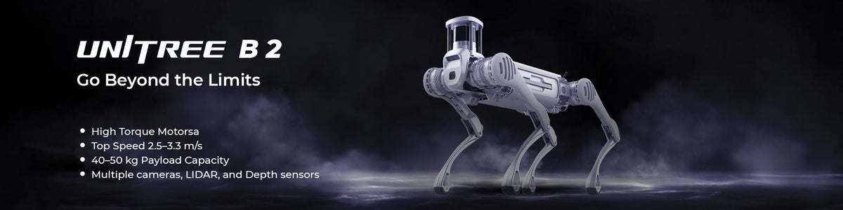 Četveronožni robot Unitree B2 sivi industrijski robotski pas bočni prikaz na tamnoj pozadini