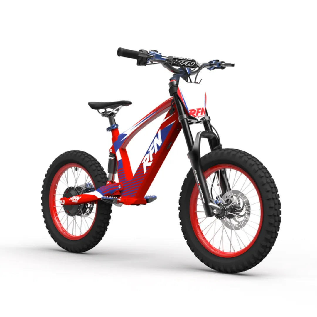 Dječji električni bicikl RFN Apollo Evo Racing 18 crveno-plave boje pogled s prednje strane