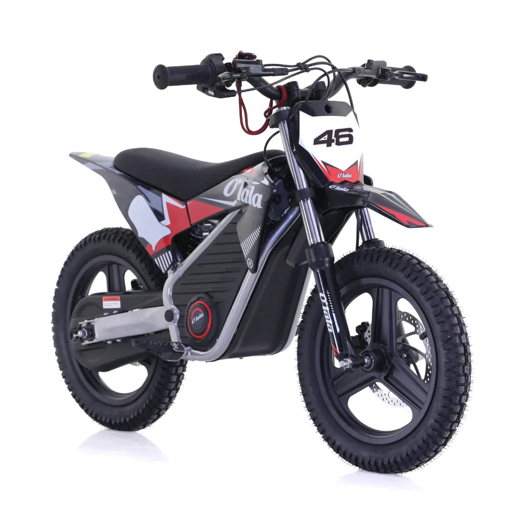 Dječji električni motocikl Apollo Olala SX E500 crno-crvene boje s brojem 46, pogled sa strane