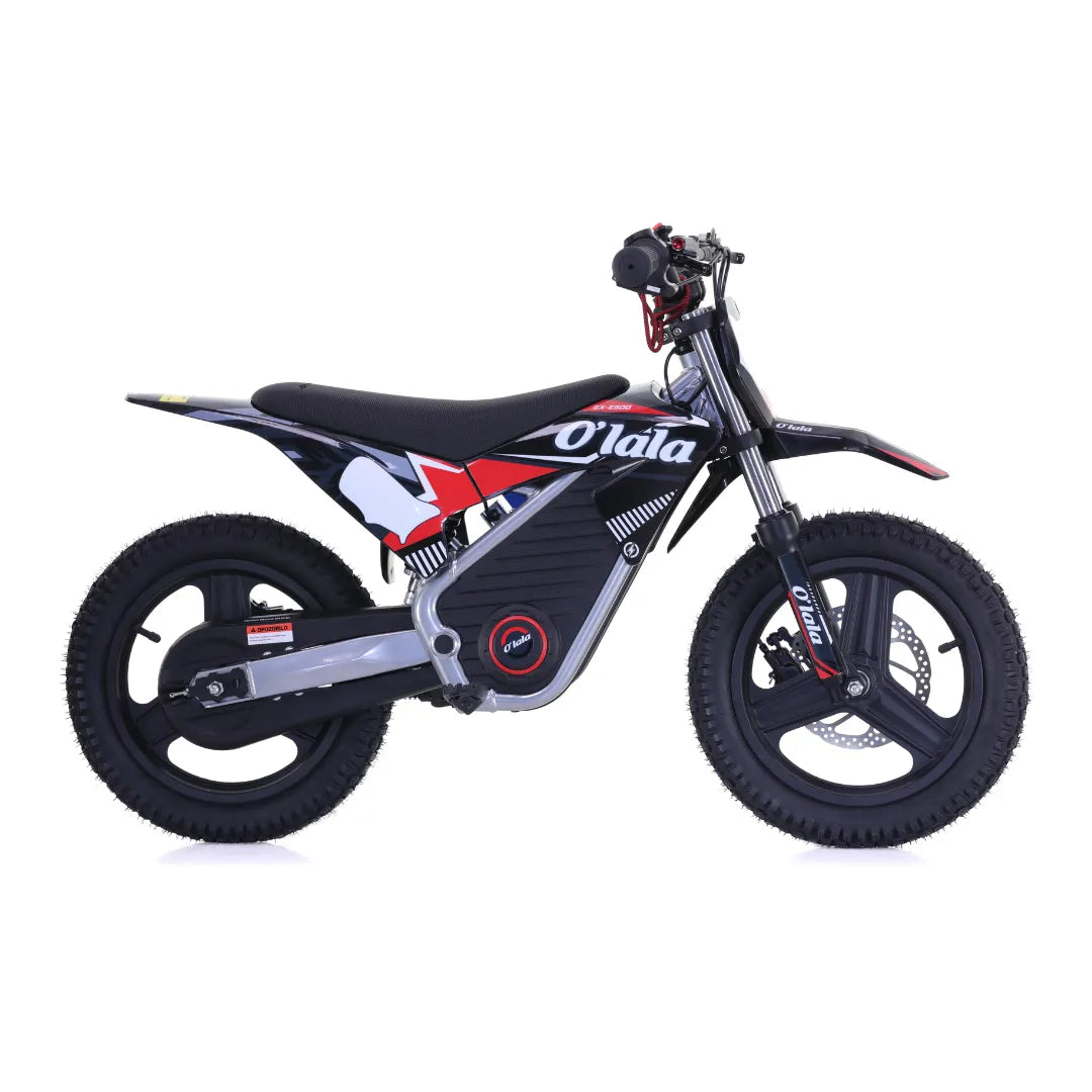 Dječji električni motocikl Apollo O'lala SX-E500 crno-crvene boje, bočni pogled