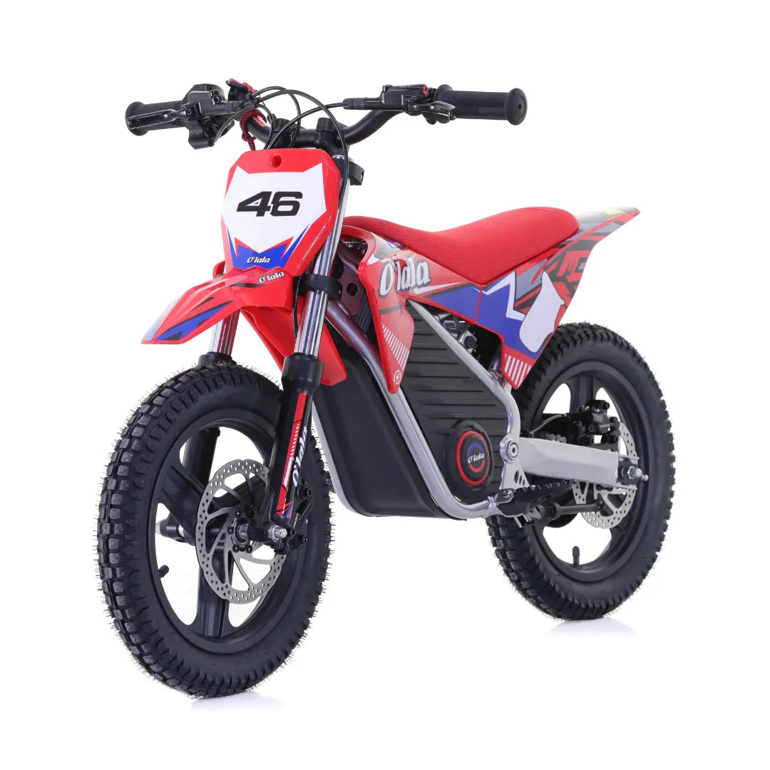 Dječji električni motocikl Apollo Olala SX-E500 crvene boje pogled sprijeda na bijeloj podlozi