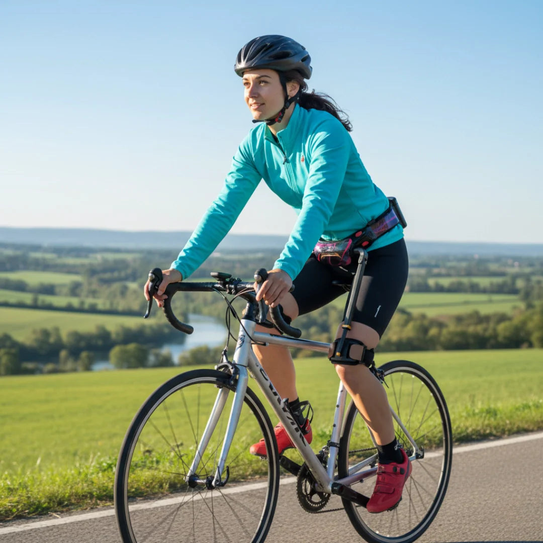 Žena vozi bicikl noseći crni VIGX Pi Plus egzoskelet na nogama u prirodi