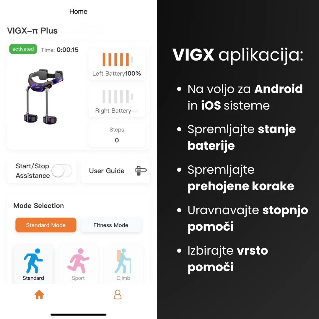 Prikaz mobilne aplikacije za VIGX-π Plus egzoskelet s kontrolama baterije i načina rada