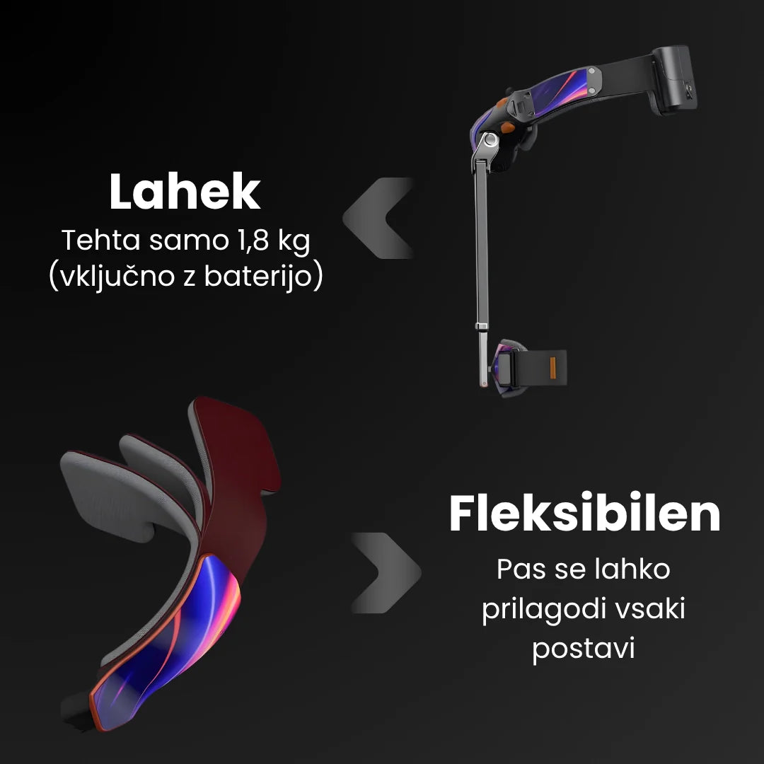 Egzoskelet VIGX PI Plus prikazuje malu težinu od 1,8 kg i fleksibilni crveno-crni potporni pojas