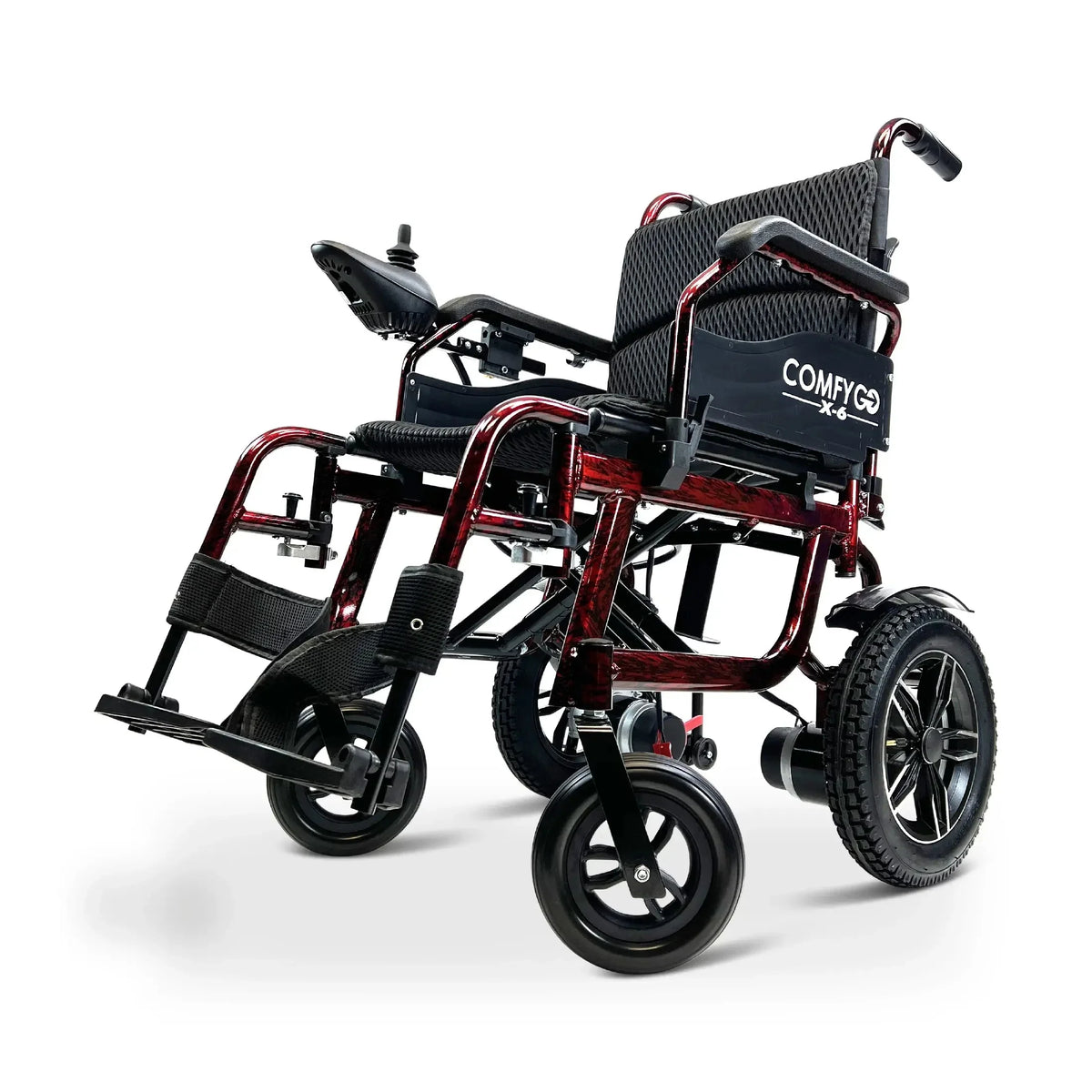 Električna invalidska kolica ComfyGo X-6 bordo crvene boje bočni pogled na bijeloj pozadini